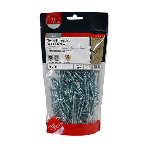 Twin Woodscrew PZ2 CSK - BZP 8 x 3 - 180 PCS