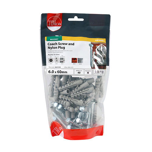 Coach Screw & Nylon Plugs 6 x 60 - 40 PCS