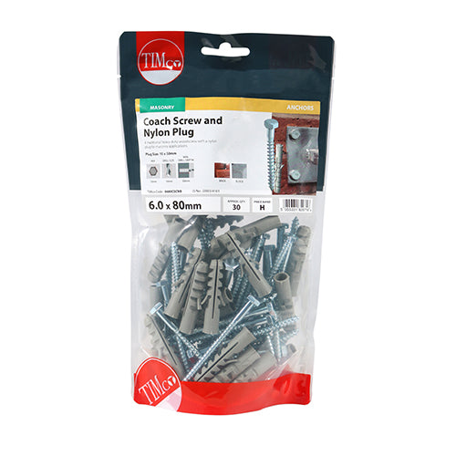 Coach Screw & Nylon Plugs 6 x 80 - 30 PCS