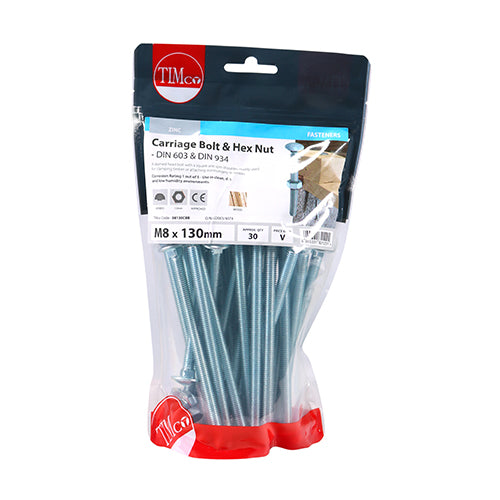 Carriage Bolt & Hex Nut - BZP M8 x 130 30 PCS