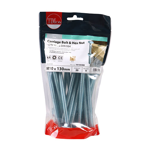 Carriage Bolt & Hex Nut - BZP M10 x 130 - 20 PCS