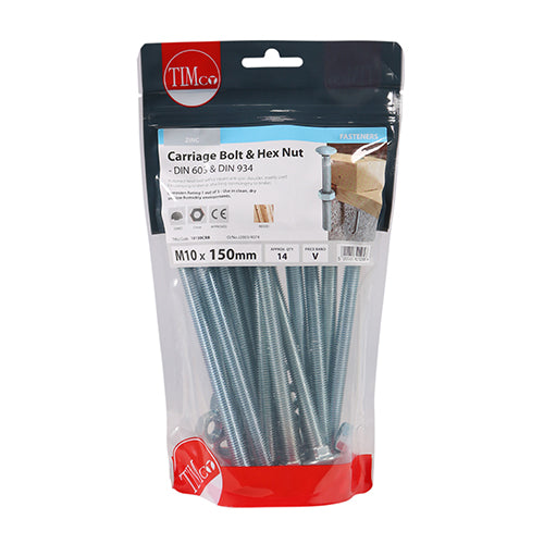 Carriage Bolt & Hex Nut - BZP M10 x 150 14 PCS