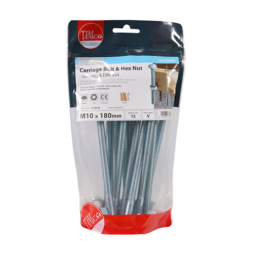 Carriage Bolt & Hex Nut - BZP M10 x 180 12 PCS
