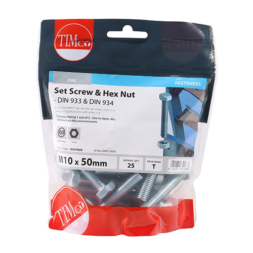 Set Screw & Hex Nut - BZP M10 x 50 25 PCS