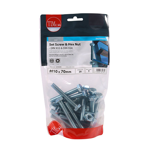 Set Screw & Hex Nut - BZP M10 x 70 20 PCS