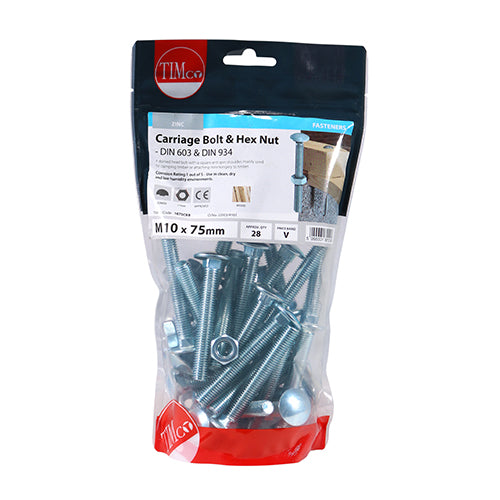 Carriage Bolt & Hex Nut - BZP M10 x 75 28 PCS