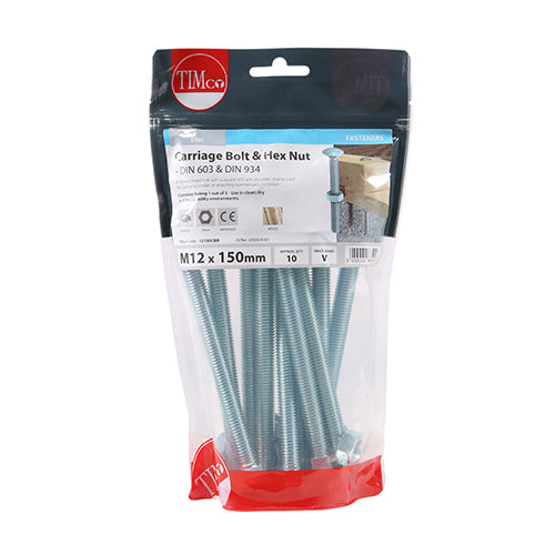 Carriage Bolt & Hex Nut - BZP M12 x 150 10 PCS