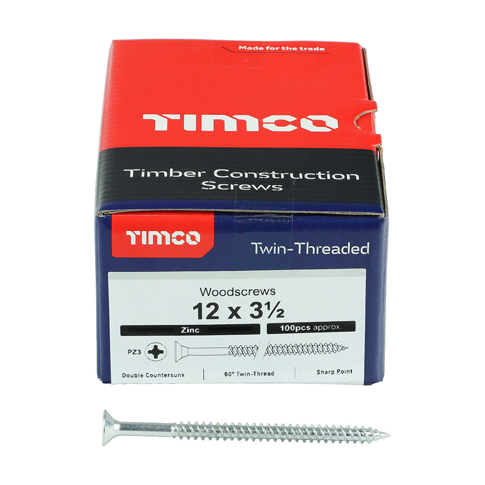Twin Woodscrew PZ3 CSK - BZP 12 x 3 1/2 - 100 PCS