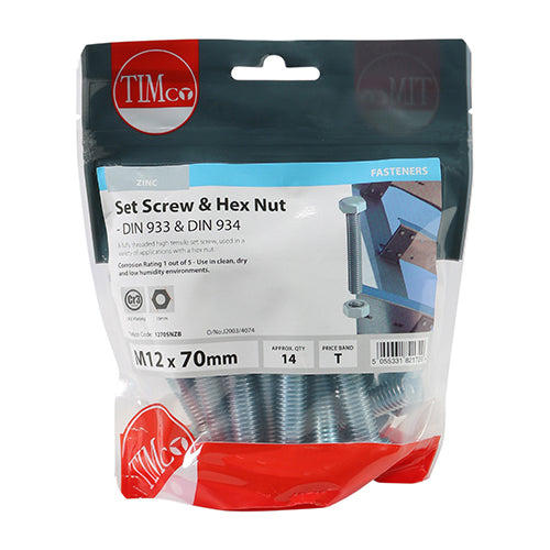 Set Screw & Hex Nut - BZP M12 x 70 14 PCS