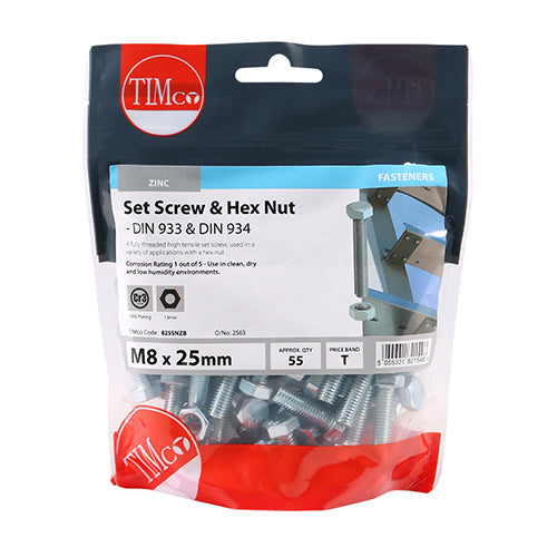 Set Screw & Hex Nut - BZP M8 x 25 55 PCS