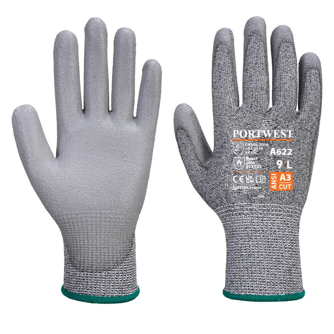 Portwest A622 - MR Cut PU Palm Glove - Grey - Large (Size 9)