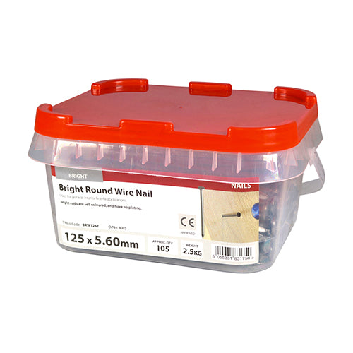 BOX OF BRIGHT ROUND WIRE NAILS, 2.5KG SIZE 125 X 5.60mm IN TIMCO BOX - SOLD BY UNITED FIXINGS ONLINE - BRW125T