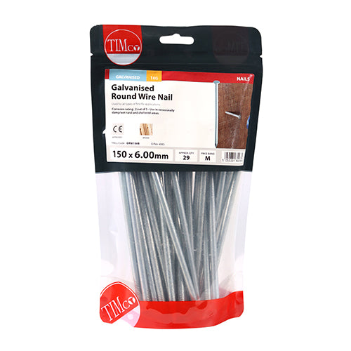 BAG OF GALVANISED ROUND WIRE NAILS - SIZE 150 X 6mm IN TIMCO BAG SOLD BY UNITED FIXINGS - GRW150B