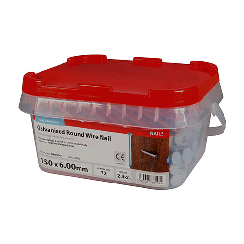 BOX OF GALVANISED ROUND WIRE NAILS IN RED TIMCO BRANDING - SIZE 150 X 6mm - GRW150T