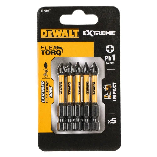 DeWALT Power Tools Impact Torsion Bits PH1 x 50mm (Pack 5)