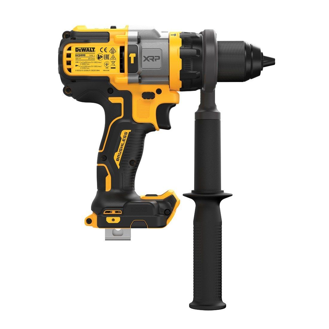 dewalt dcd999 hammer drill yellow and black side view