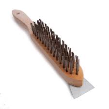 4 ROW WOODEN HANDLED BRUSH WITH SCRAPER