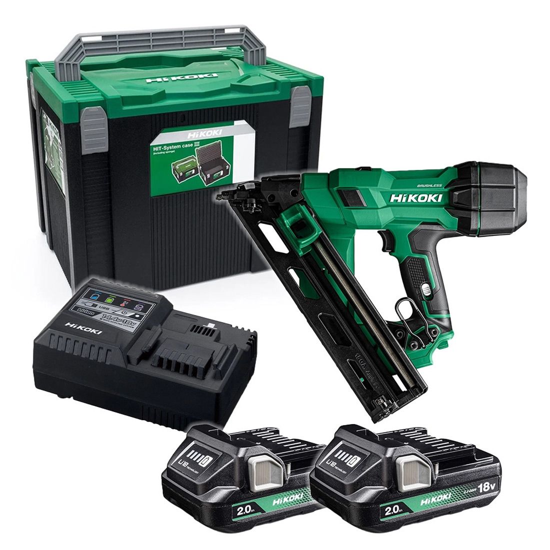 Hikoki - 18V 15GA Brushless Angled Finish Nailer Kit - with 2 x 2.0Ah Li-Ion