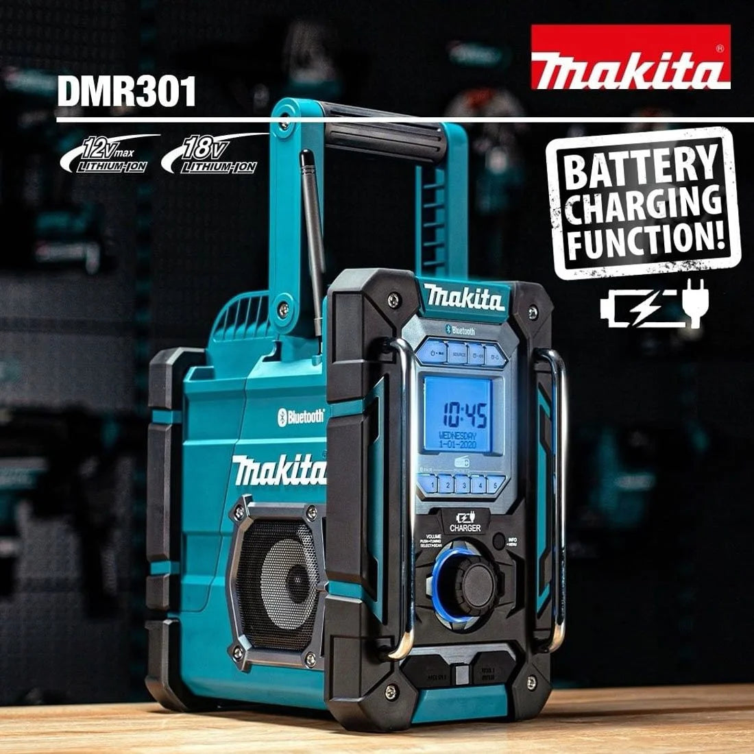 Makita DMR301 Site Radio DAB/DAB+ (12Vmax -18V Li-ion only) BLUE Bluetooth, Mobile USB Charging & Battery Charging