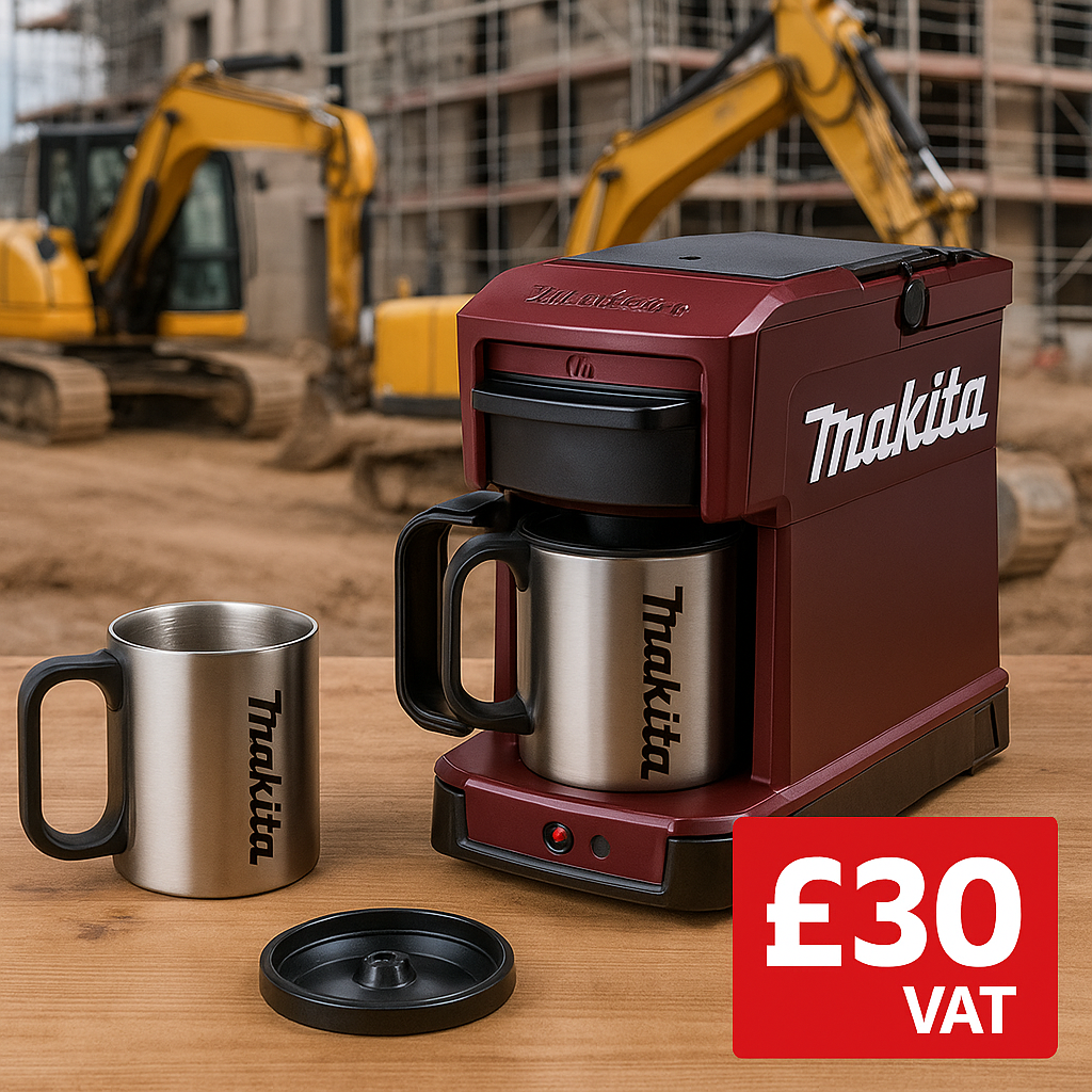 Makita coffee maker with mugs on a construction site background