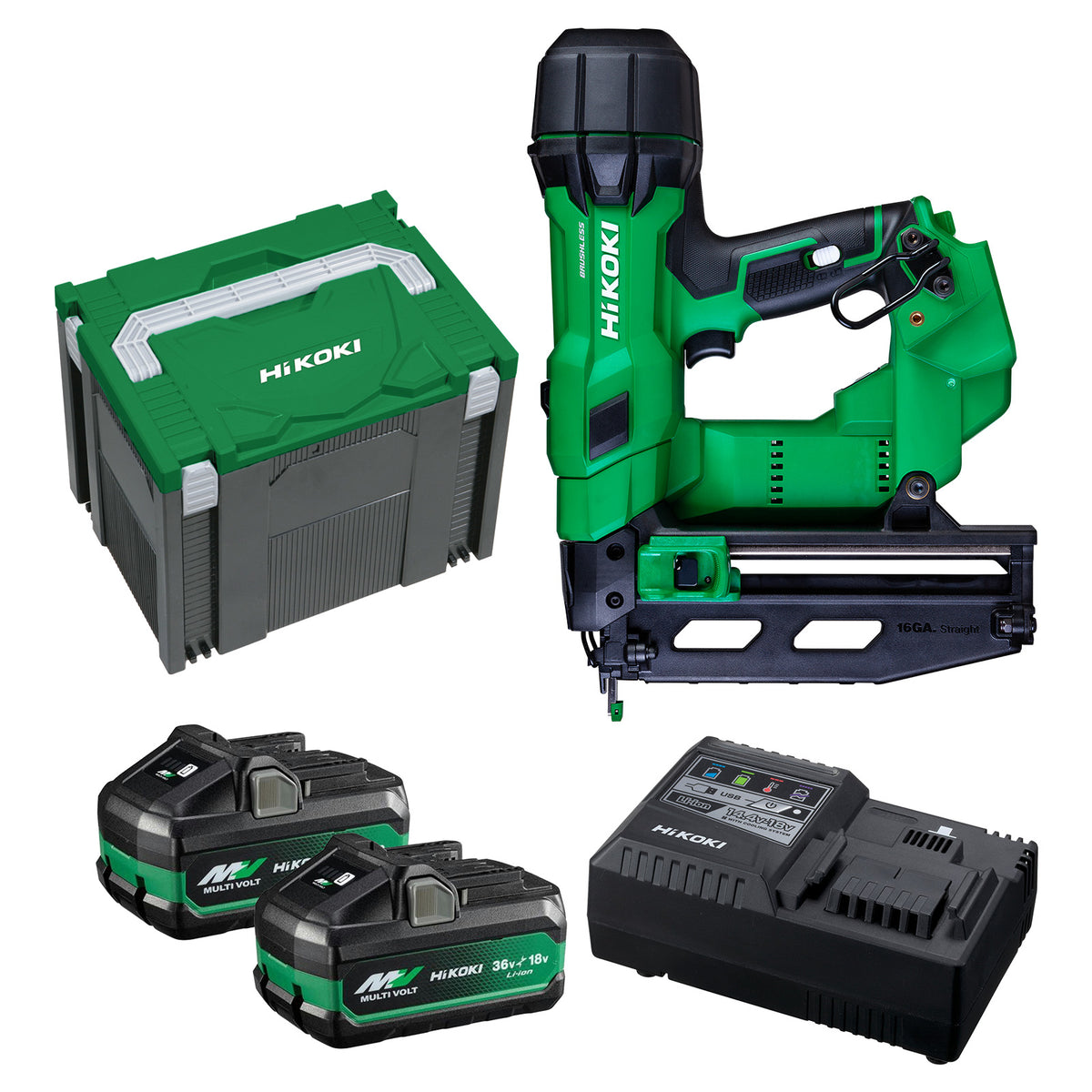 Hikoki 18V 16GA Brushless Straight Finish Nailer Kit - with 2 x 2.0Ah Li-Ion