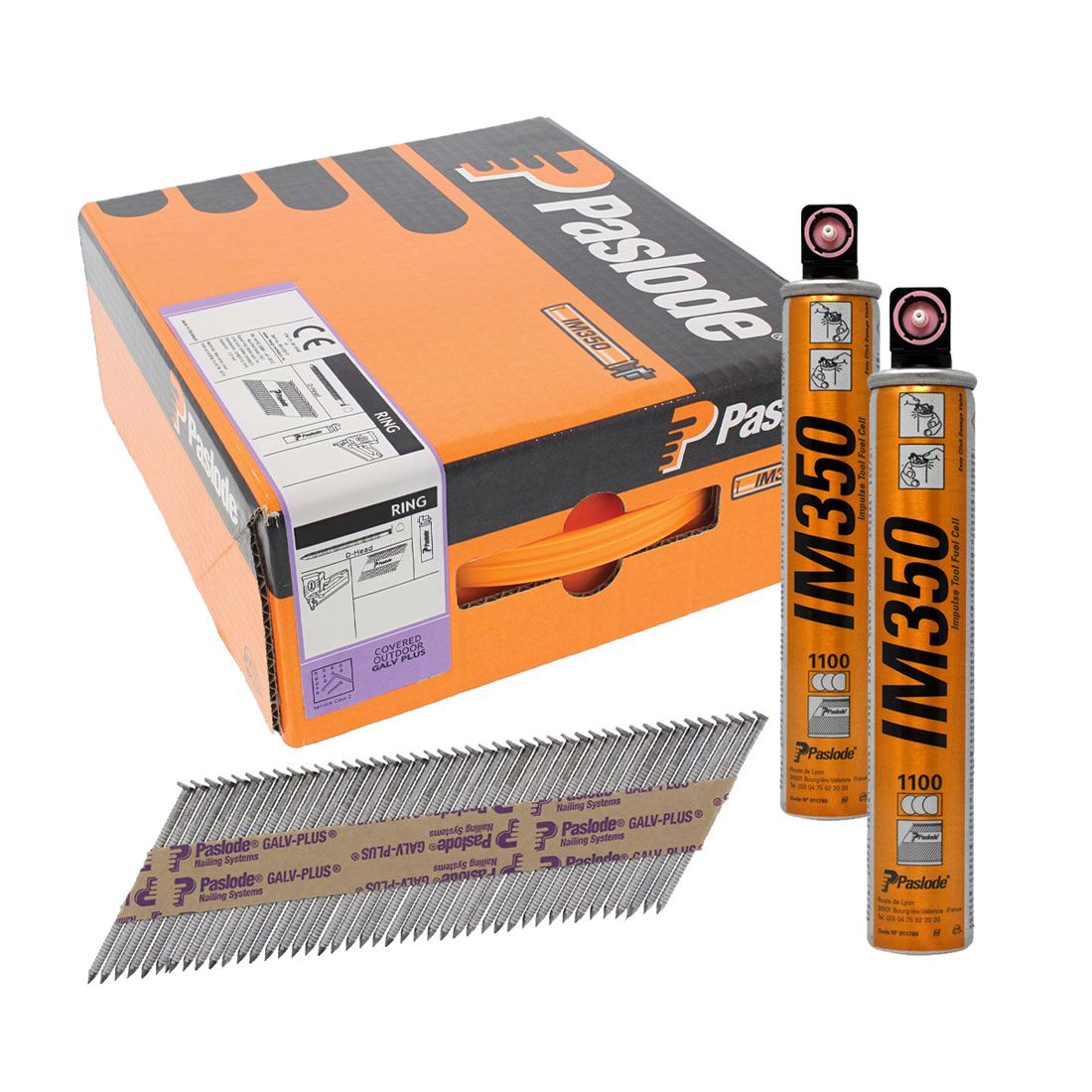 Paslode 141221 - First Fix 63mm x 3.1mm RG Galvanised Plus Nails for IM350+ (Pack of 2200 & 2 Fuel Cells)