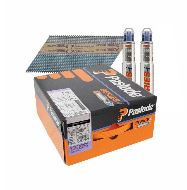 Paslode 1st Fix 3.1mm x 90mm Nails - Straight Shank Galv Plus 2200 - 2 Fuel Cells - For 360Xi - box, strip of nails & i-series gas