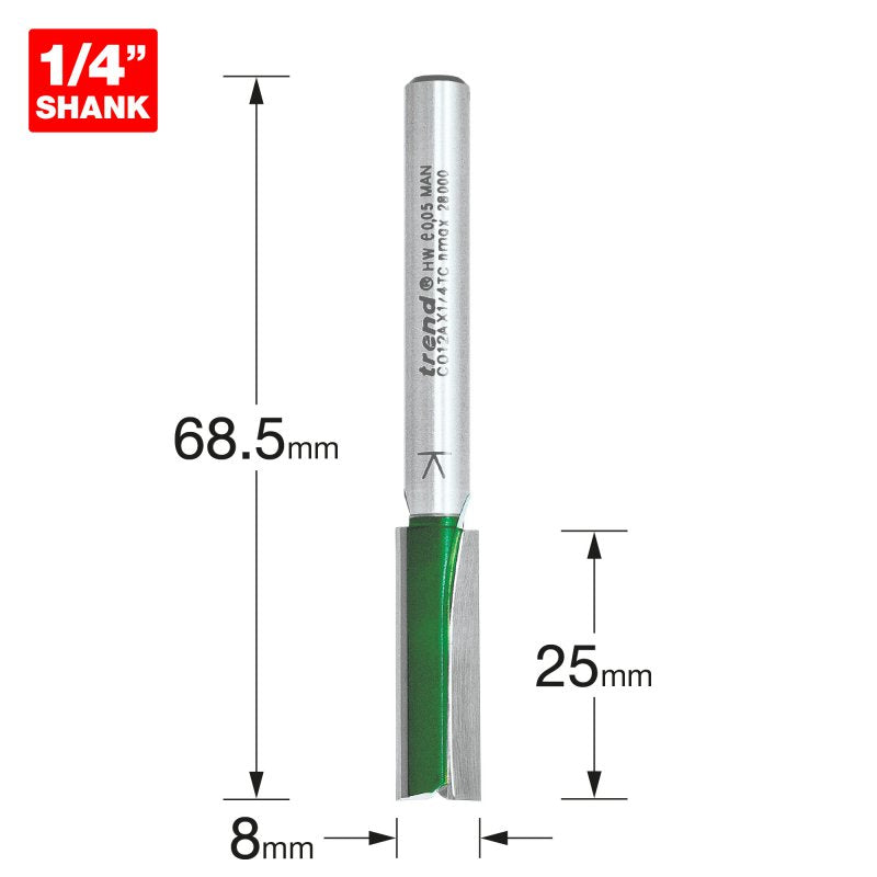 TREND C012AX1/4TC TWO FLUTE 8.0MM DIA X 25.0MM CUT    Main Image