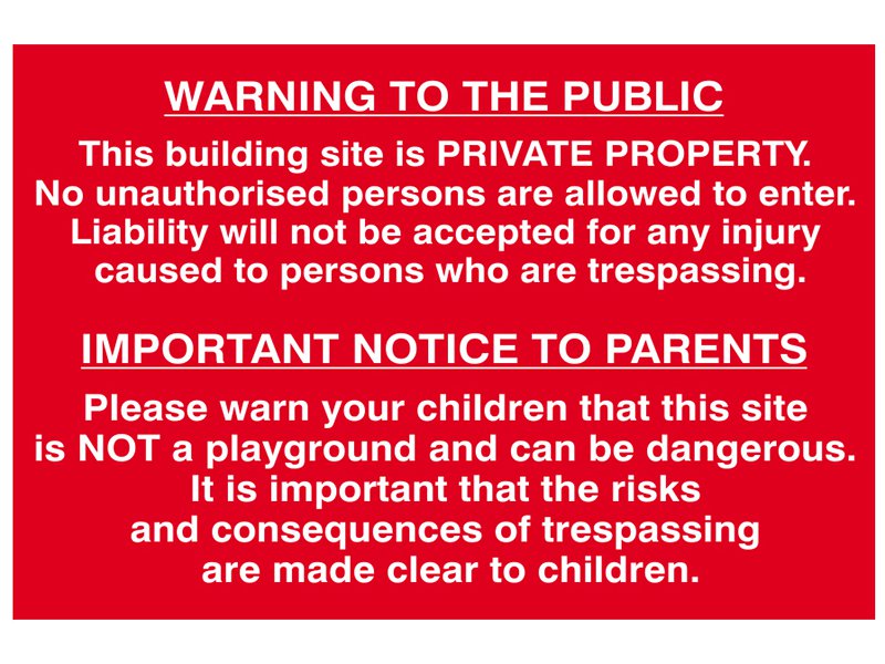 Scan Building Site Warning To Public And Parents - PVC 600 x 400mm Main Image