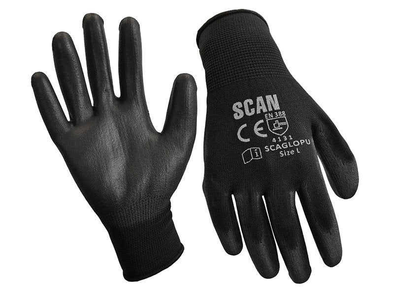 Scan Black PU Coated Gloves Size 8 Medium (Pack of 12) Main Image