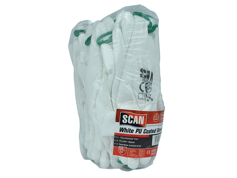 Scan White PU Coated Gloves - Size 8 Medium (Pack 12) Main Image