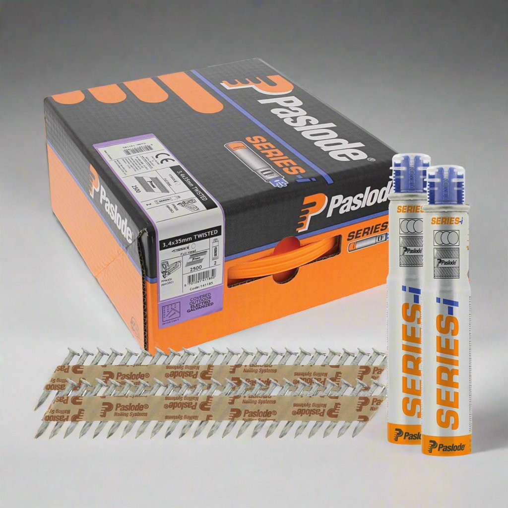 Paslode 141185 3.4 x 35mm Electro Galvanised Twisted Nail Fuel Pack for PPNXi - box, gas and strip of ppn nails