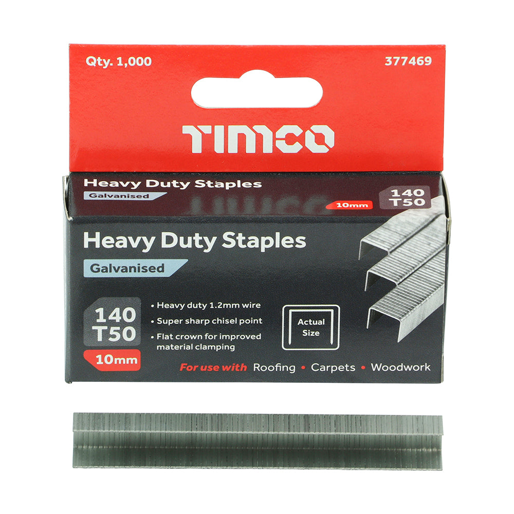 Box of 10mm galvanised heavy duty staples - Timco brand, sold by United Fixings - 377469