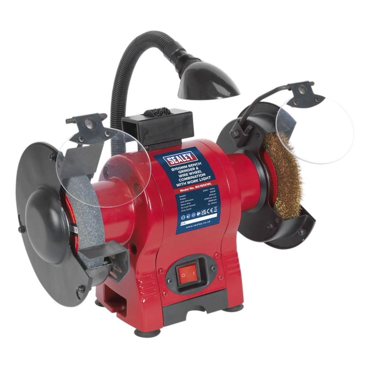 Sealey Bench Grinder 150mm & Wire Wheel Combination with Work Light 250W/230V Main Image [src:bg150xwl_dfc0813144.jpg@20250109174135]