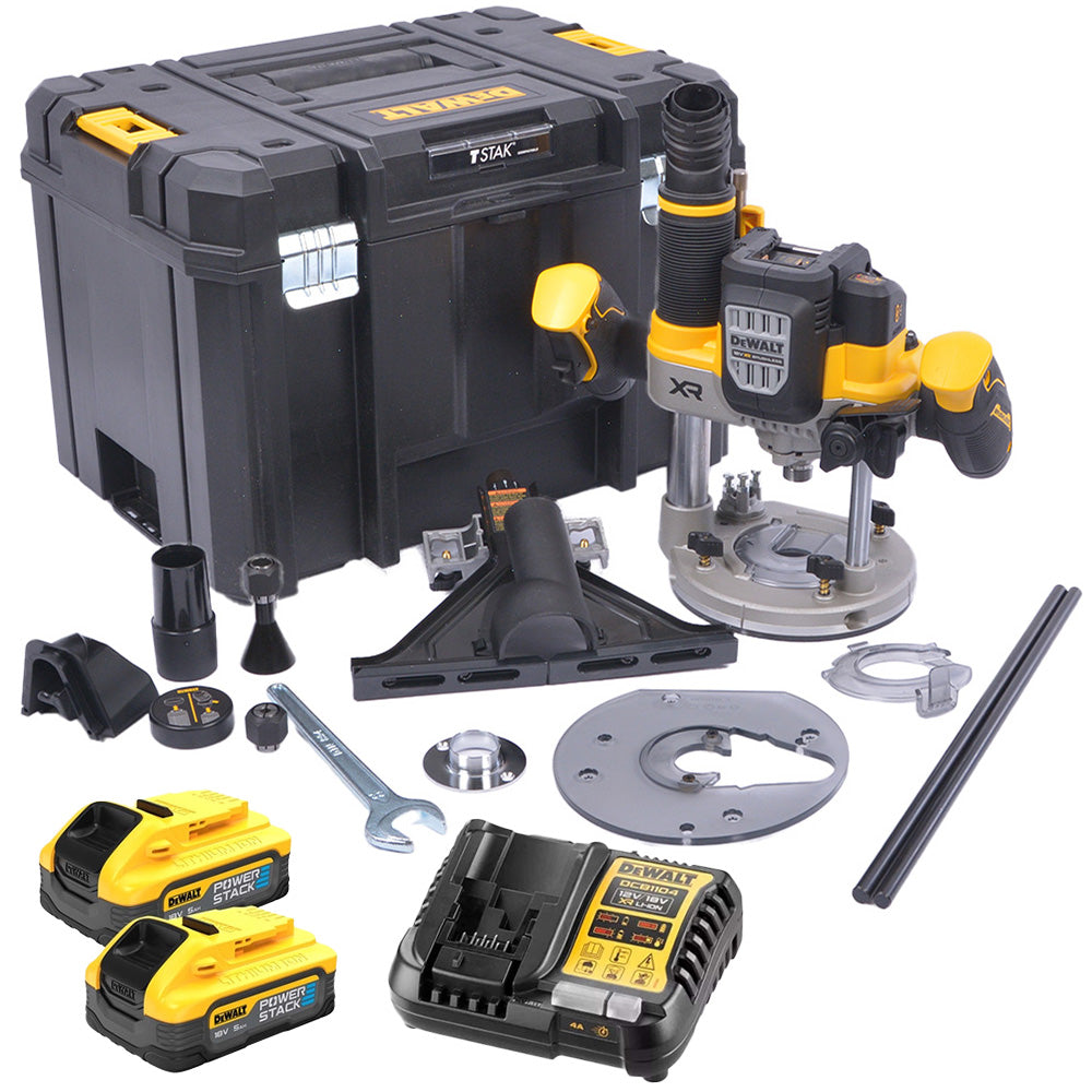 DEWALT DCW620H2 1/2in Plunge Router 18V Kit (inc 2 x 5.0Ah Powerstack Batteries, Charger & Carry Case)