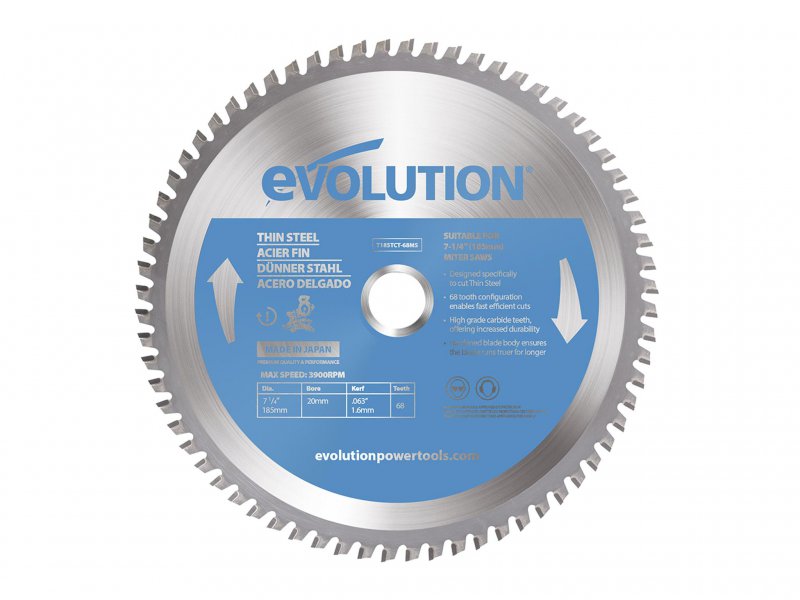 Evolution Thin Steel Cutting Mitre Saw Blade 185 x 25.4mm x 68T Main Image