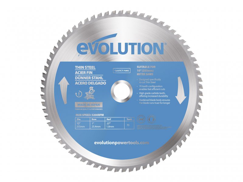 Evolution Thin Steel Cutting Mitre Saw Blade 255 x 25.4mm x 70T Main Image