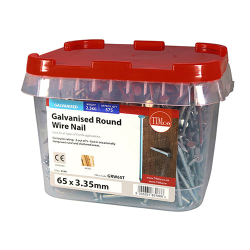 Galvanised Round Wire Nails - 2.5kg Tub, SIZE 65 X 3.35MM IN TIMCO TUB SOLD BY UNITED FIXINGS - GRW65T