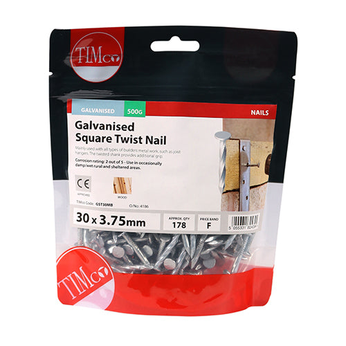 500 gram bag of galvanised square twist nails - timco branded sold by United Fixings - 30 x 3.75mm GST30MB