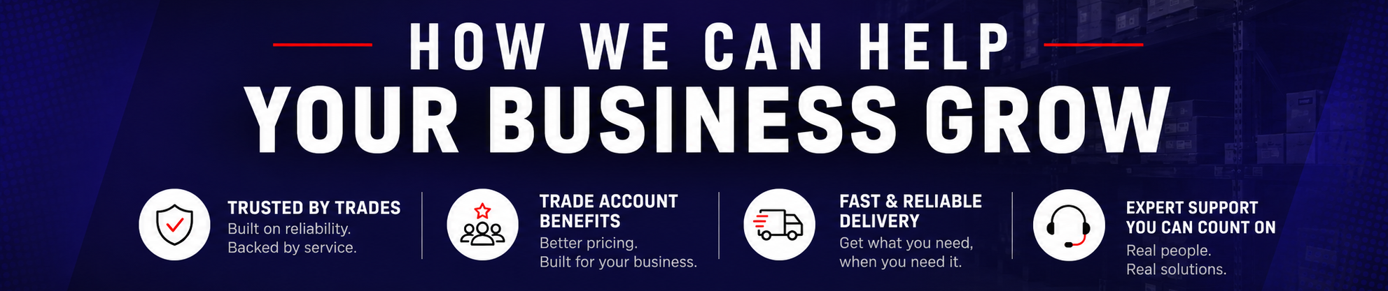 Promotional banner for services that help businesses grow, featuring icons and text on a dark blue background.