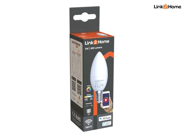 Link2Home Wi-Fi LED SES (E14) Opal Candle Dimmable Bulb, White + RGB 400 lm 5W