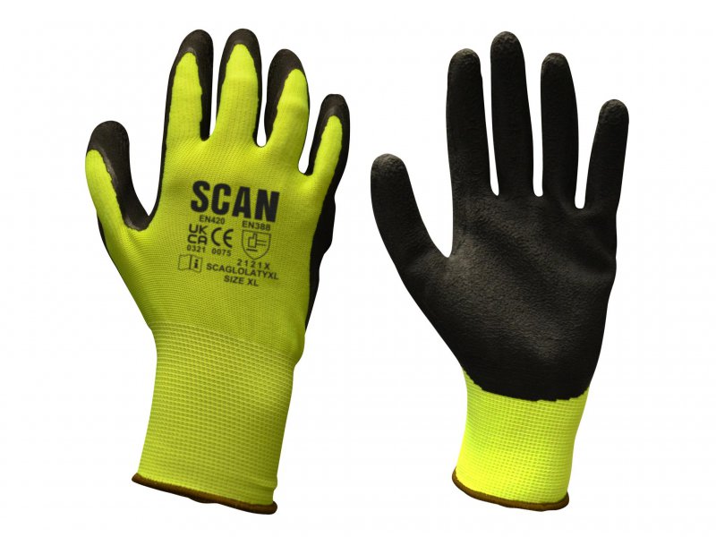 Scan Hi-Vis Yellow Foam Latex Coated Gloves Size 11 Extra Extra Large Main Image