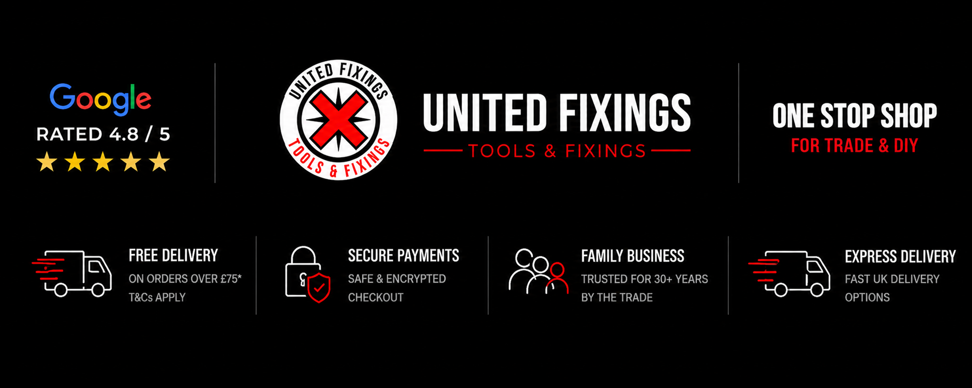 United Fixings branding and services on a black background