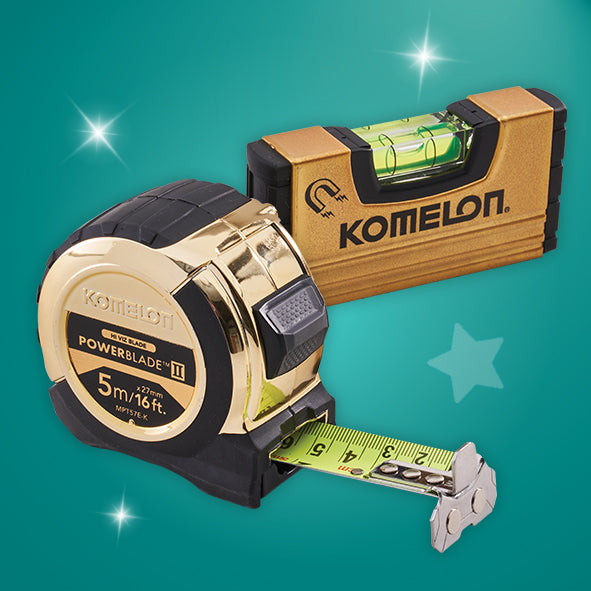 XMS Komelon 5m (16ft) Gold PowerBlade Tape with FREE Mini Level