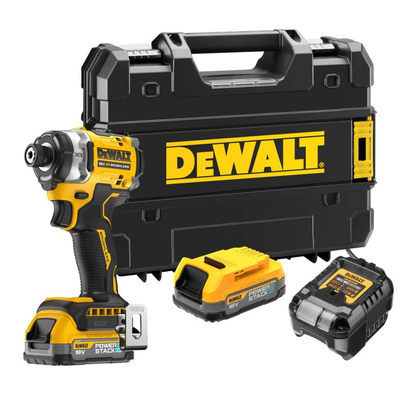 DEWALT DCF860E2T 18v Brushless Impact Driver Kit with 2 x 1.7ah Powerstack Batteries Main Image [src:dcf860e2t.jpg@20240514135110]