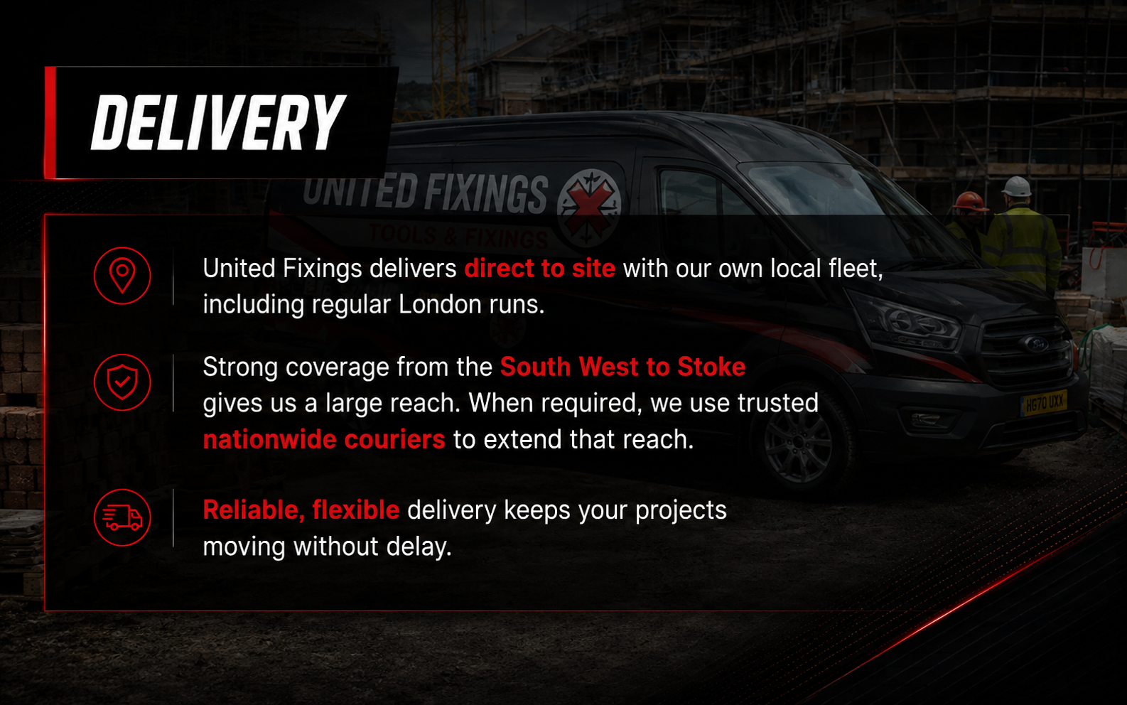 United Fixings delivery van with text about delivery services on a dark background