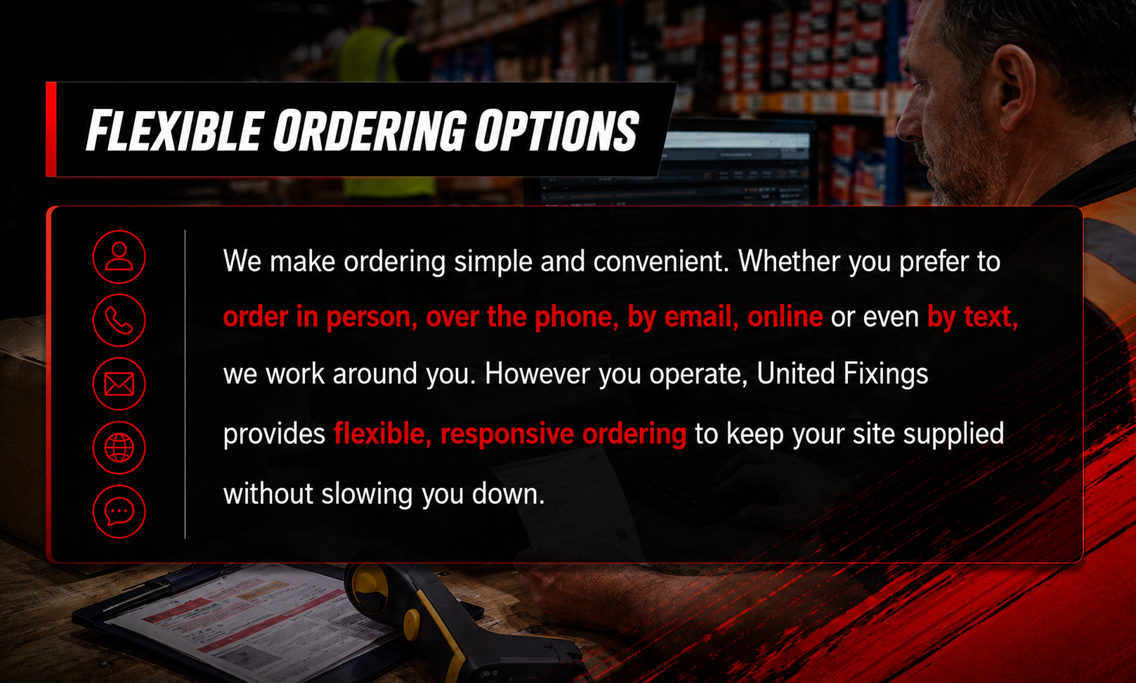 Person using a tablet with text about flexible ordering options on a dark background