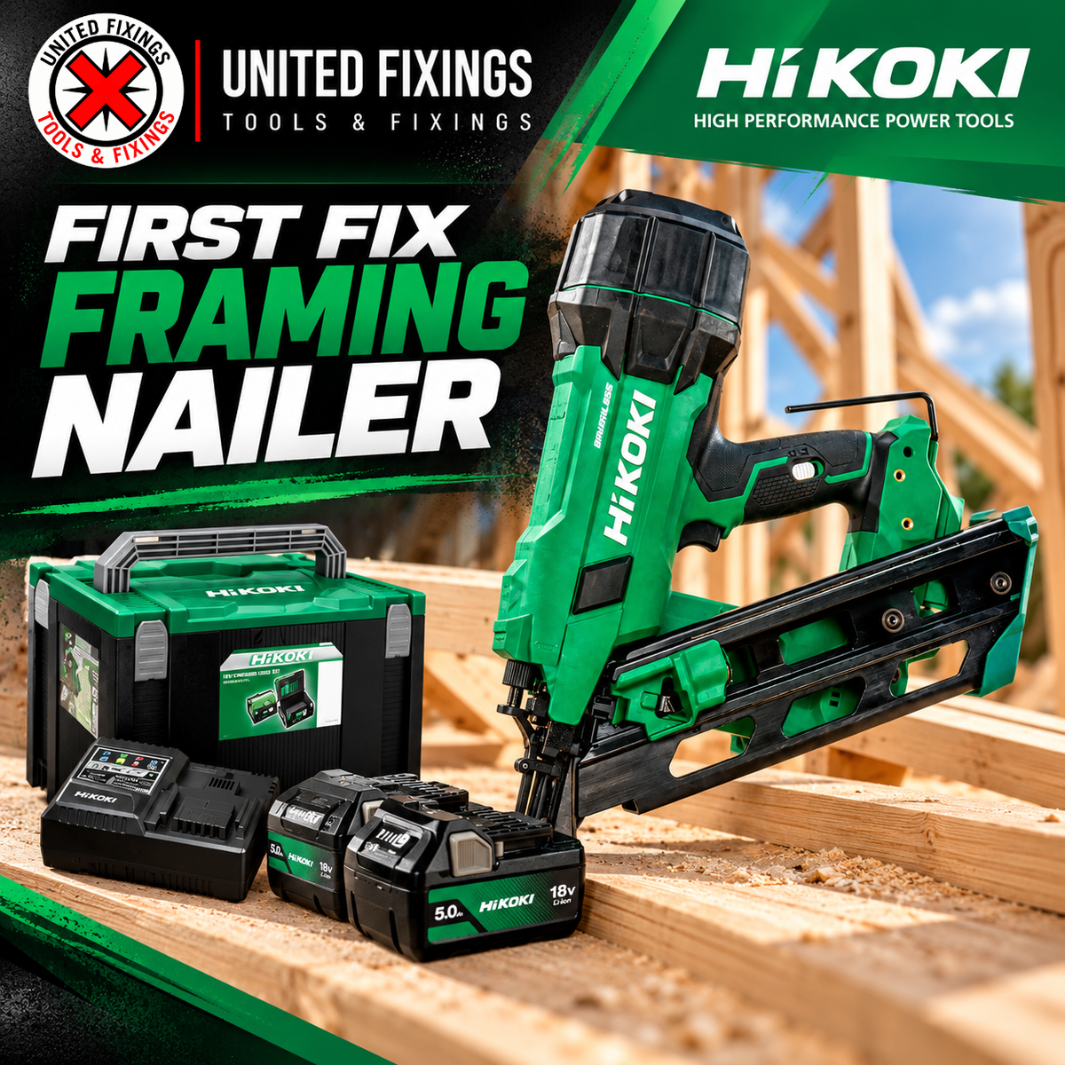 Hikoki 18V 90mm Clipped Head Nailer 2 x 5.0Ah Li-Ion, Charger & Case