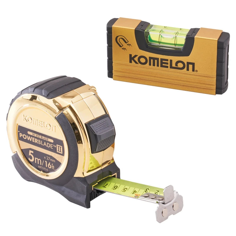 XMS Komelon 5m (16ft) Gold PowerBlade Tape with FREE Mini Level