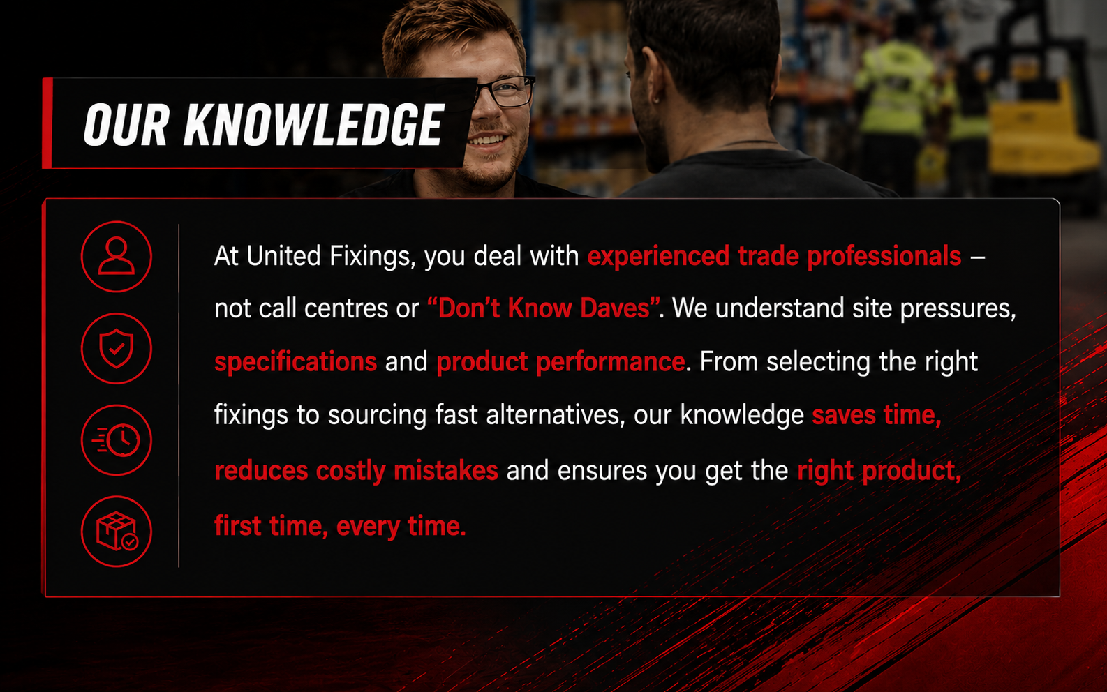Advertisement for United Fixings with text about experienced trade professionals and product performance.